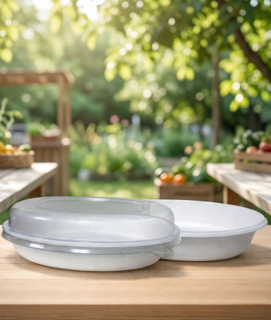 32oz Bagasse Bowl Ovel Shape With Pet Lid